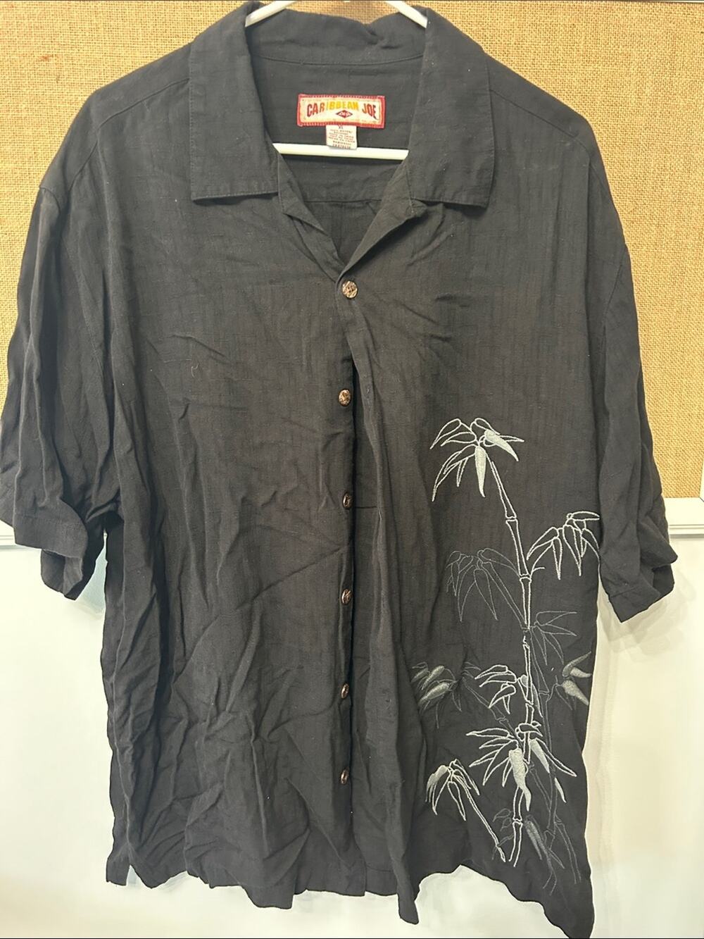 Caribbean Joe Black Short-Sleeve Button-Down Shirt with White Bamboo Accent